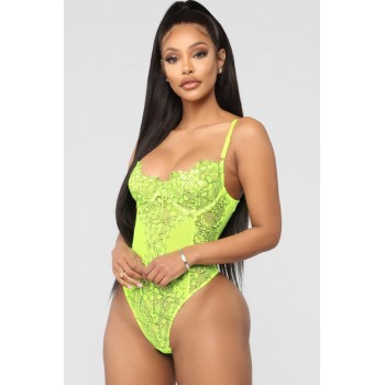 White Contrasting Positions Lace Teddy Green